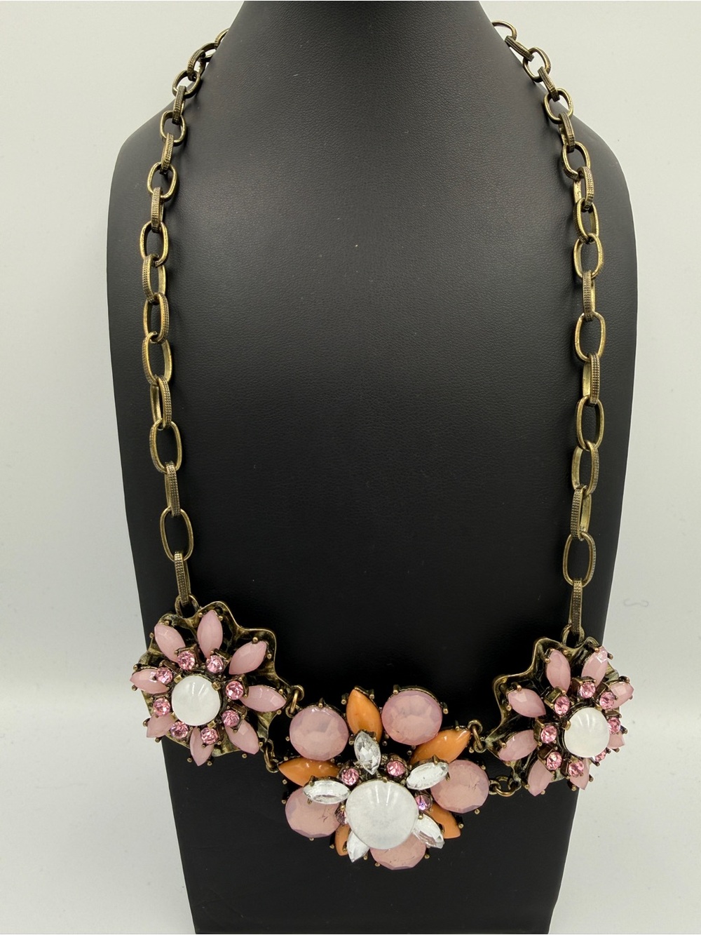 Floral Pink & Peach Statement Necklace with Rose-Gold Chain